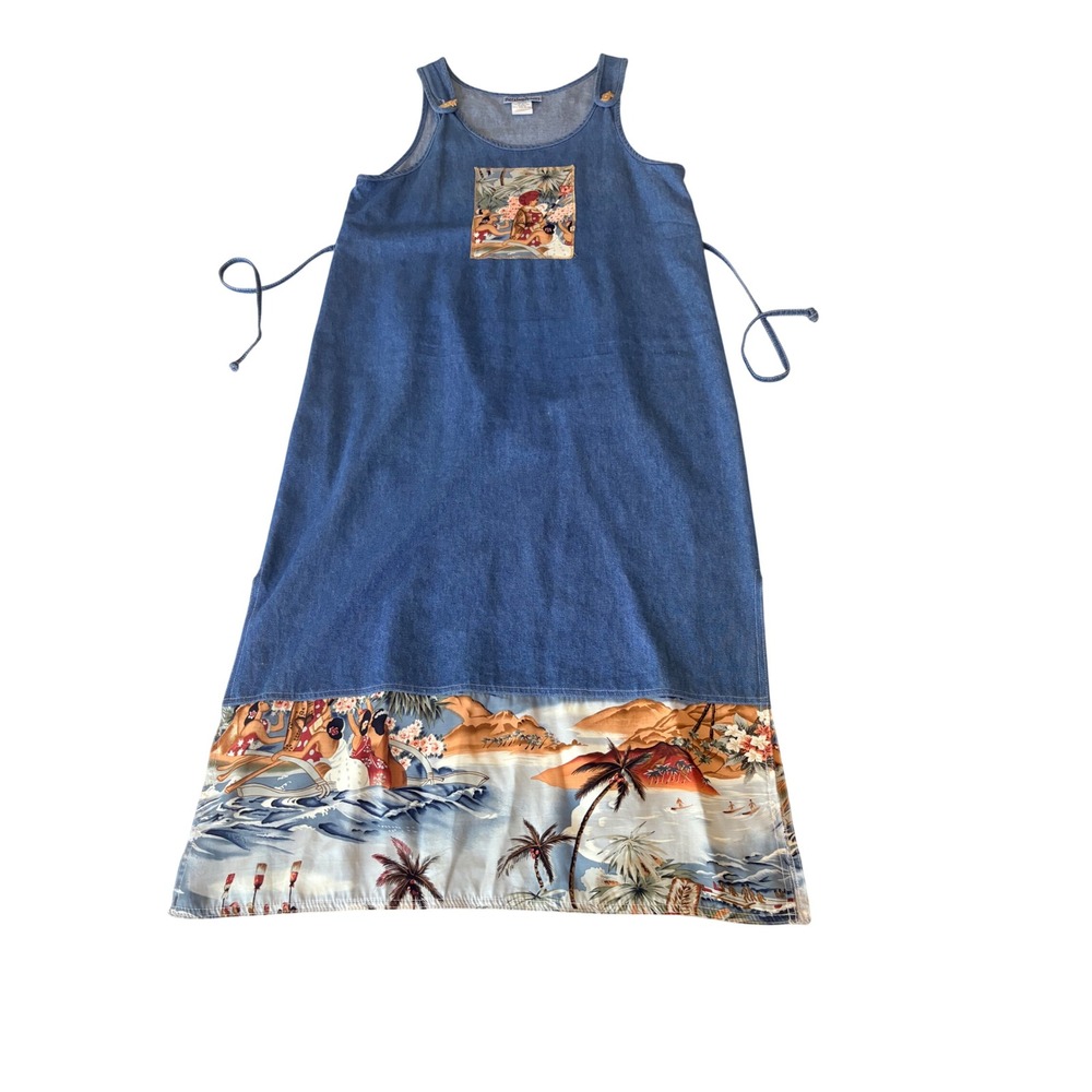 Vintage 80s 90s piccalino Denim Hawaiian Tropical Print Jumper Dress Blue